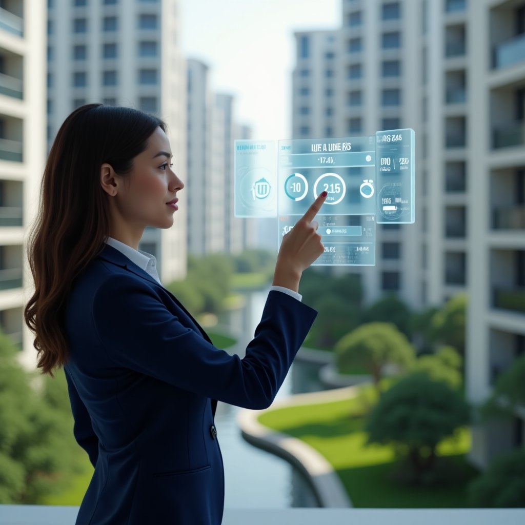 Ultra-realistic condominium manager in a navy blue suit, set in a modern luxury condominium environment with high-rise buildings and green landscaping, mid shot of a confident professional woman pointing at a floating holographic calendar and clock icons representing scheduled tasks, cinematic lighting, shallow depth of field, highly detailed textures, realistic skin, photographic realism, 8k resolution --ar 1:1 --v 6