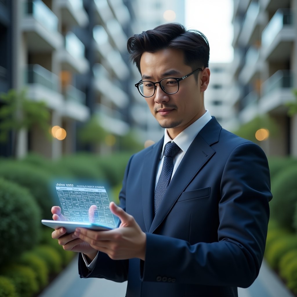(Ultra-realistic condo manager in a tailored navy blue suit, set in a modern luxury condominium environment with high-rise buildings and lush green landscaping, interacting with a holographic calendar interface displaying scheduled tasks and deadlines, confident and focused expression, cinematic lighting, shallow depth of field, highly detailed textures, realistic skin, photographic realism, 8k resolution --ar 1:1 --v 6)