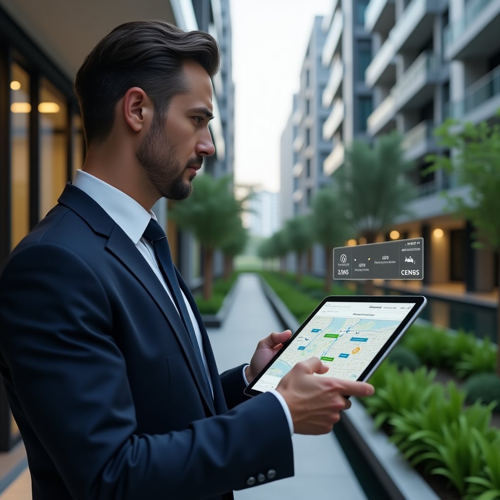(Ultra-realistic condominium manager in a tailored navy business suit, set in a modern luxury condominium environment with high-rise buildings and lush green landscaping, holding a tablet displaying a holographic activity schedule map with floating maintenance and deadline icons, examining the timeline with a confident, focused expression, cinematic lighting, shallow depth of field, highly detailed textures, realistic skin, photographic realism, 8k resolution --ar 1:1 --v 6)