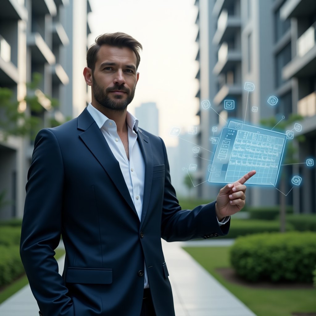 (Ultra-realistic condominium property manager in a tailored navy suit, set in a modern luxury condominium environment with high-rise buildings and lush green landscaping, mid-shot of a confident professional pointing at a holographic digital schedule with floating calendar icons and checkmarks symbolizing organized activity planning, cinematic lighting, shallow depth of field, highly detailed textures, realistic skin, photographic realism, 8k resolution --ar 1:1 --v 6)