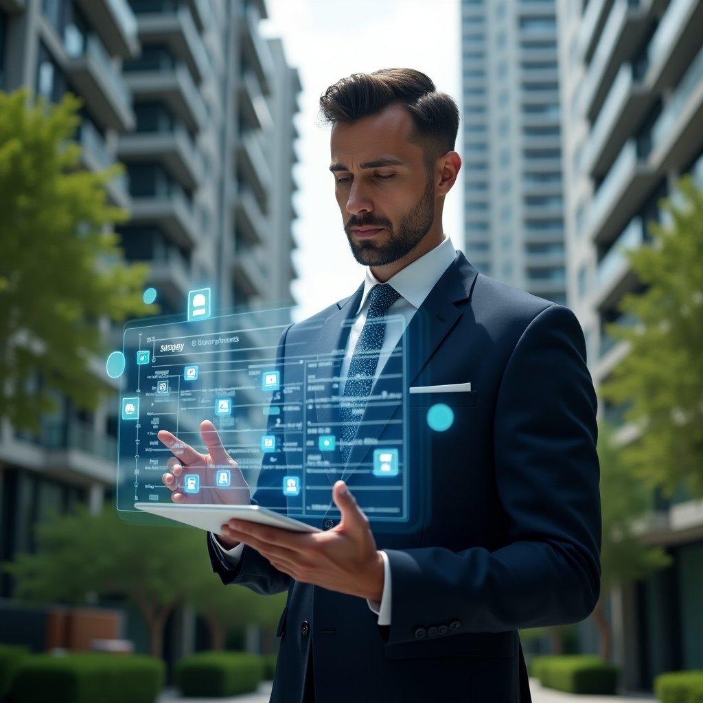 (Ultra-realistic professional condominium manager in a tailored navy suit, set in a modern luxury condominium environment with high-rise buildings and lush green landscaping, confidently reviewing a holographic maintenance calendar floating before them, digital timeline icons and task markers orbiting around, cinematic lighting, shallow depth of field, highly detailed textures, realistic skin, photographic realism, 8k resolution --ar 1:1 --v 6)