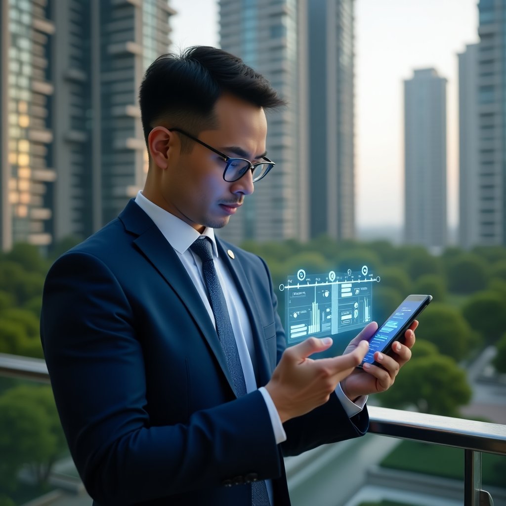 (Ultra-realistic professional condominium manager in a navy blue suit, set in a modern luxury condominium environment with high-rise buildings and lush green landscaping, interacting with a holographic timeline of tasks projected from a smartphone, confidently analyzing the digital schedule with floating checkmark and clock icons, cinematic lighting, shallow depth of field, highly detailed textures, realistic skin, photographic realism, 8k resolution --ar 1:1 --v 6)