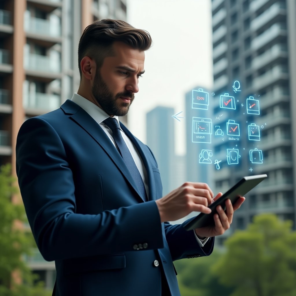 (Ultra-realistic condominium manager in a navy blue tailored suit, set in a modern luxury condominium environment with high-rise buildings and lush green landscaping, medium shot of the professional confidently reviewing a holographic weekly schedule projected above a digital tablet, floating calendar icons and check-mark symbols indicating completed tasks, cinematic lighting, shallow depth of field, highly detailed textures, realistic skin, photographic realism, 8k resolution --ar 1:1 --v 6)