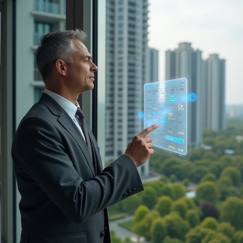 (Ultra-realistic condominium manager in a charcoal gray suit, set in a modern luxury condominium environment with high-rise buildings and green landscaping, confidently reviewing a floating holographic schedule of condominium tasks, pointing at task icons on a digital calendar hologram, cinematic lighting, shallow depth of field, highly detailed textures, realistic skin, photographic realism, 8k resolution --ar 1:1 --v 6)