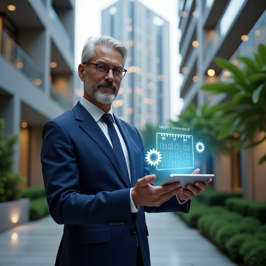 Ultra-realistic condominium manager in a navy blue suit, set in a modern luxury condominium environment with high-rise buildings and lush green landscaping, medium shot of a confident property manager holding a transparent tablet displaying a holographic activity schedule, with floating calendar icons and gear symbols, cinematic lighting, shallow depth of field, highly detailed textures, realistic skin, photographic realism, 8k resolution --ar 1:1 --v 6