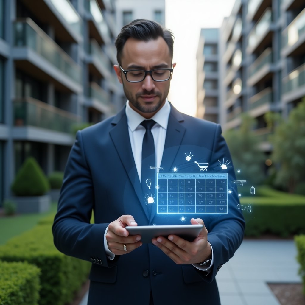 (Ultra-realistic property manager in a navy-blue suit, set in a modern luxury condominium environment with high-rise buildings and green landscaping, holding a tablet displaying a holographic cleaning schedule with floating icons of a broom and spray bottle, reviewing the calendar with a focused, confident expression, cinematic lighting, shallow depth of field, highly detailed textures, realistic skin, photographic realism, 8k resolution --ar 1:1 --v 6)