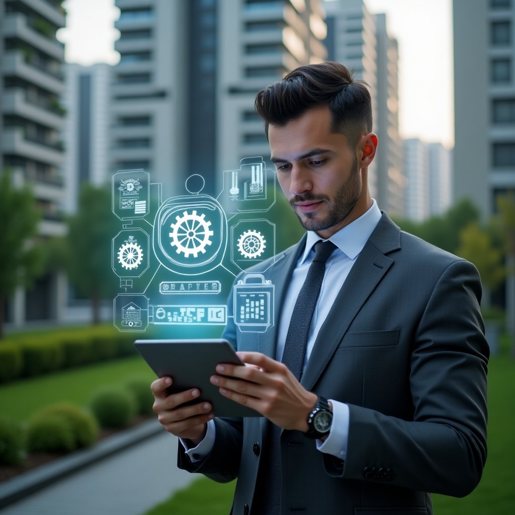 Ultra-realistic condominium manager in a charcoal gray executive suit, set in a modern luxury condominium environment with high-rise buildings and lush green landscaping, holding a tablet projecting a holographic maintenance schedule timeline, confidently analyzing futuristic gears and calendar icons, thoughtful and assured expression, cinematic lighting, shallow depth of field, highly detailed textures, realistic skin, photographic realism, 8k resolution --ar 1:1 --v 6