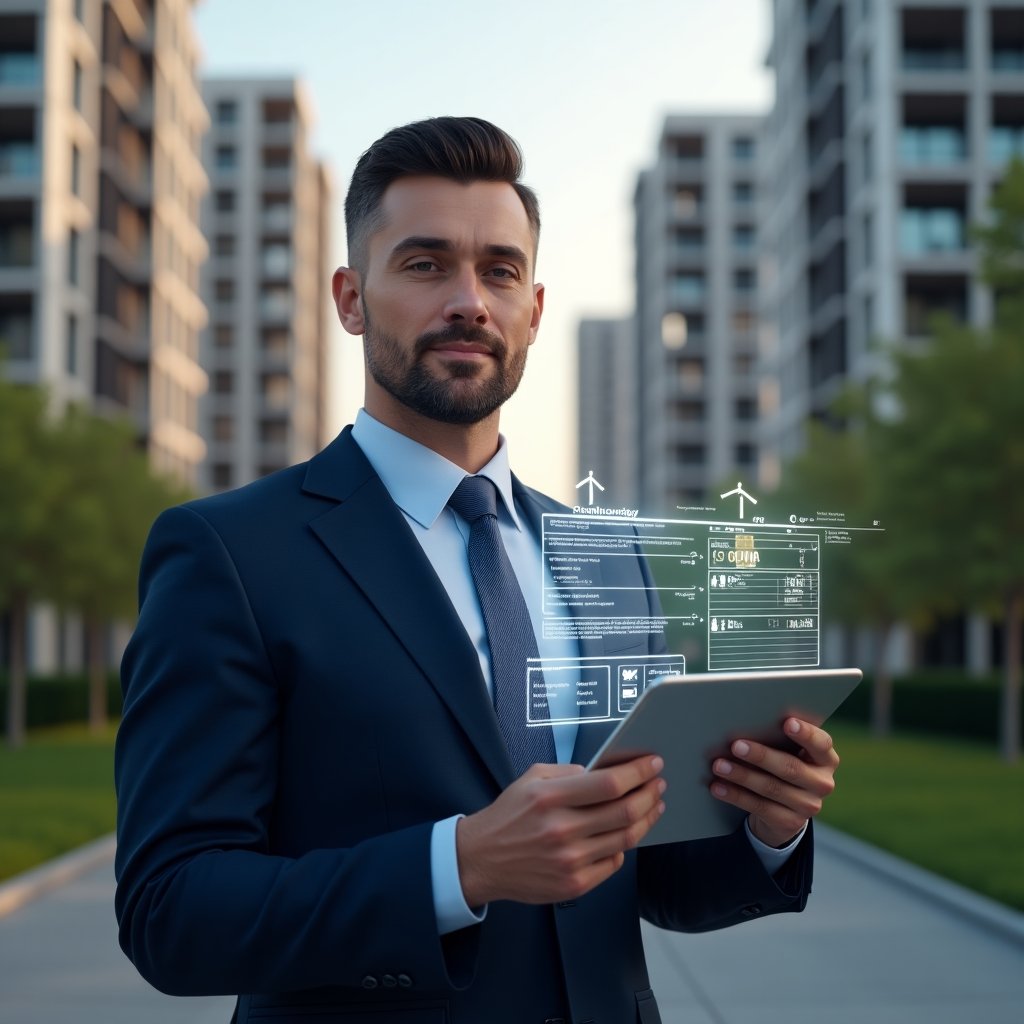 (Ultra-realistic condominium manager in a tailored navy blue suit, set in a modern luxury condominium environment with high-rise buildings and manicured green landscaping, holding a tablet displaying a holographic construction timeline, focused and confident expression, glowing Gantt chart overlay and construction icons, cinematic lighting, shallow depth of field, highly detailed textures, realistic skin, photographic realism, 8k resolution --ar 1:1 --v 6)