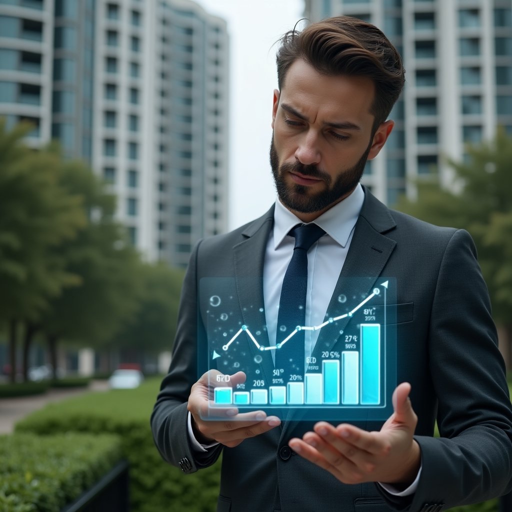 Ultra-realistic condominium manager in a tailored charcoal gray business suit, set in a modern luxury condominium environment with high-rise buildings and manicured greenery, mid shot analyzing a floating holographic bar chart showing decreasing delinquency rates and digital payment icons swirling around, confident and focused expression, cinematic lighting, shallow depth of field, highly detailed textures, realistic skin, photographic realism, 8k resolution --ar 1:1 --v 6