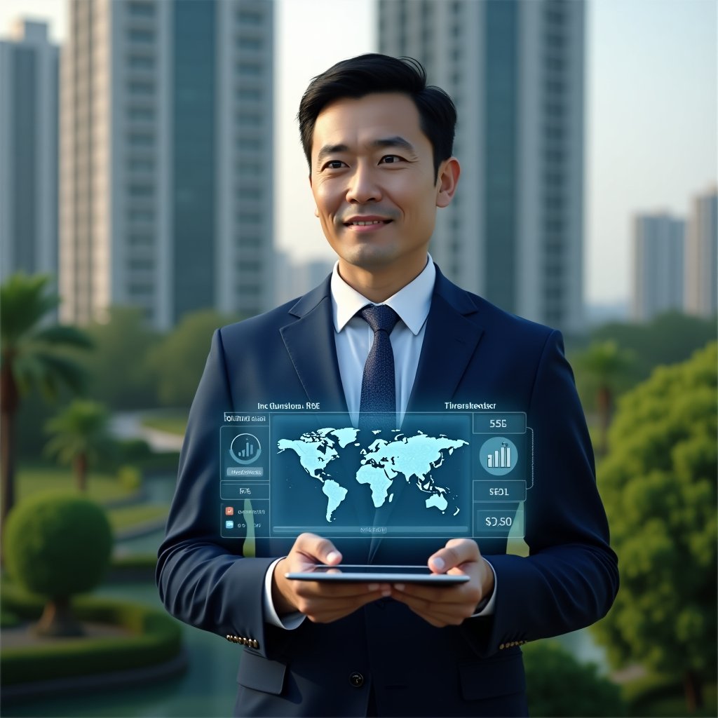 (Ultra-realistic condominium manager in a navy blue suit, set in a modern luxury condominium environment with high-rise buildings and lush green landscaping, medium shot holding a tablet projecting a holographic financial dashboard with cost-reduction charts and eco-friendly icons, confident and thoughtful expression, cinematic lighting, shallow depth of field, highly detailed textures, realistic skin, photographic realism, 8k resolution --ar 1:1 --v 6)