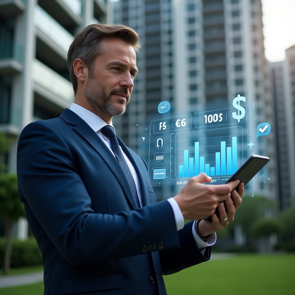Ultra-realistic condominium manager in a navy blue executive suit, set in a modern luxury condominium environment with high-rise buildings and manicured greenery, reviewing a holographic financial chart on a tablet, floating budget and checklist icons around, confident and focused expression, cinematic lighting, shallow depth of field, highly detailed textures, realistic skin, photographic realism, 8k resolution --ar 1:1 --v 6