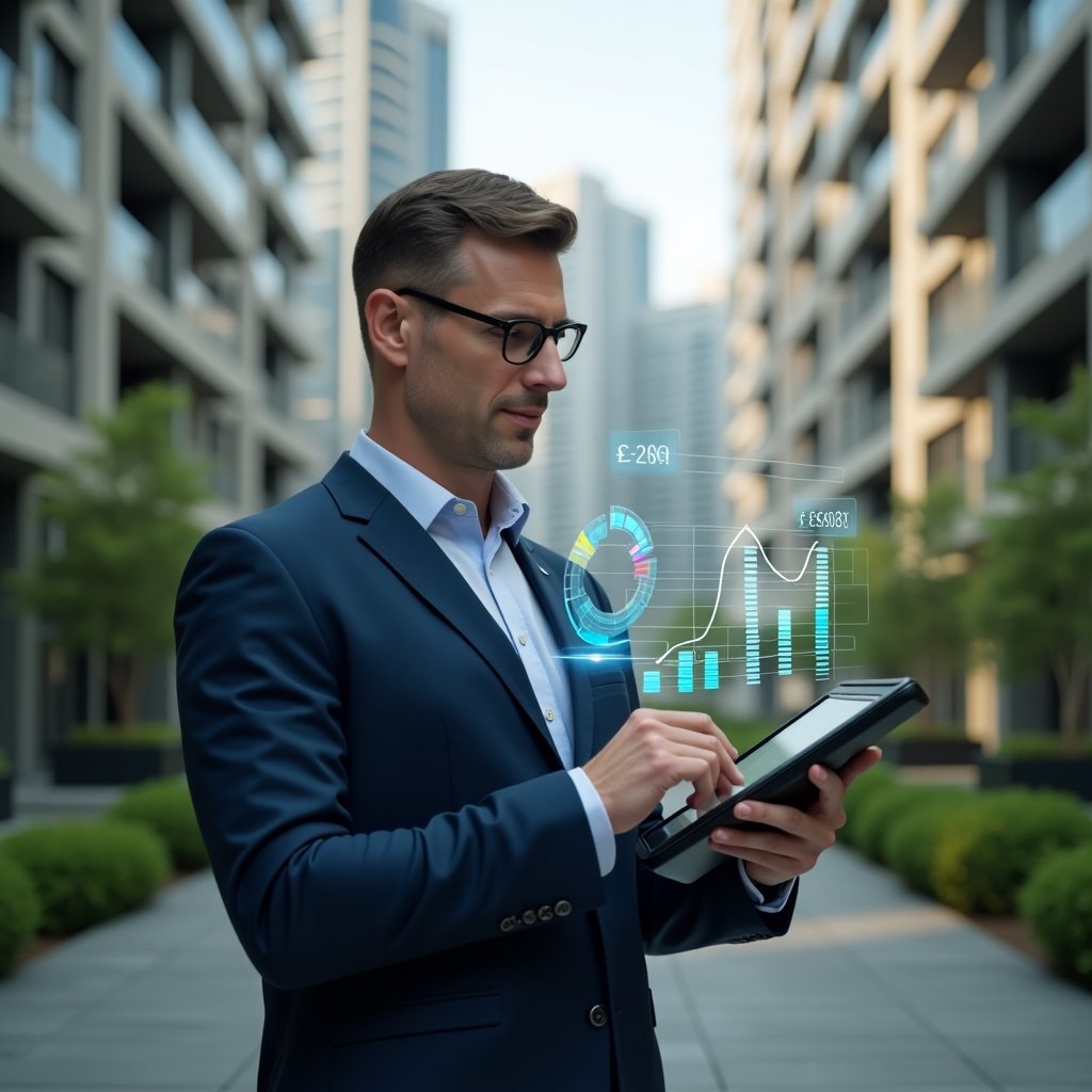 Ultra-realistic condominium manager in a tailored navy blue suit, set in a modern luxury condominium environment with high-rise buildings and lush green landscaping, mid-shot of a confident property manager holding a sleek tablet displaying financial graphs, holographic pie charts and currency icons floating around them, cinematic lighting, shallow depth of field, highly detailed textures, realistic skin, photographic realism, 8k resolution --ar 1:1 --v 6