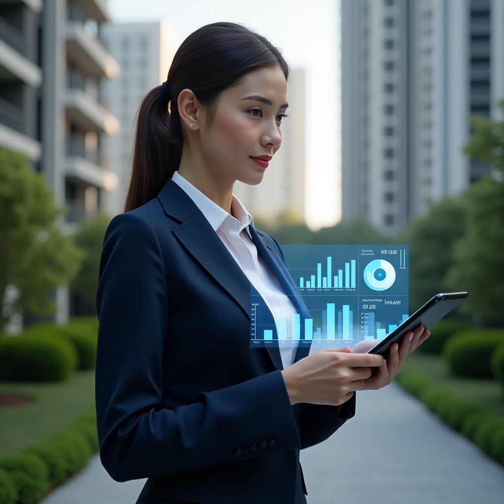 Ultra-realistic female condominium manager in a tailored navy suit, set in a modern luxury condominium environment with high-rise buildings and well-manicured green landscaping, holding a digital tablet projecting holographic bar charts and pie graphs, confidently analyzing financial data, cinematic lighting, shallow depth of field, highly detailed textures, realistic skin, photographic realism, 8k resolution --ar 1:1 --v 6