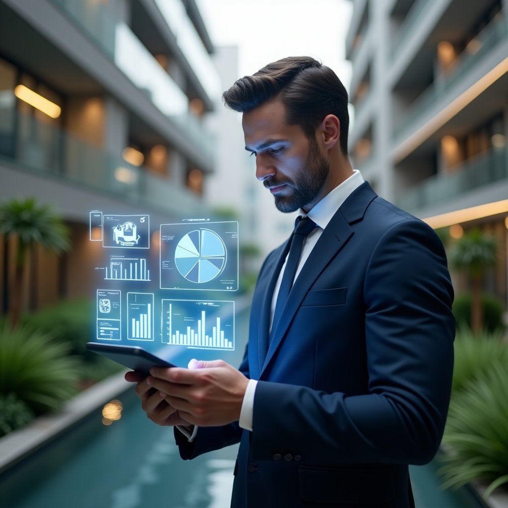 (Ultra-realistic condominium manager in a tailored navy blue suit, set in a modern luxury condominium environment with high-rise buildings and lush green landscaping, medium shot of a confident manager reviewing a tablet with holographic expense charts, floating pie charts and bar graphs symbolizing transparent financial control, cinematic lighting, shallow depth of field, highly detailed textures, realistic skin, photographic realism, 8k resolution --ar 1:1 --v 6)