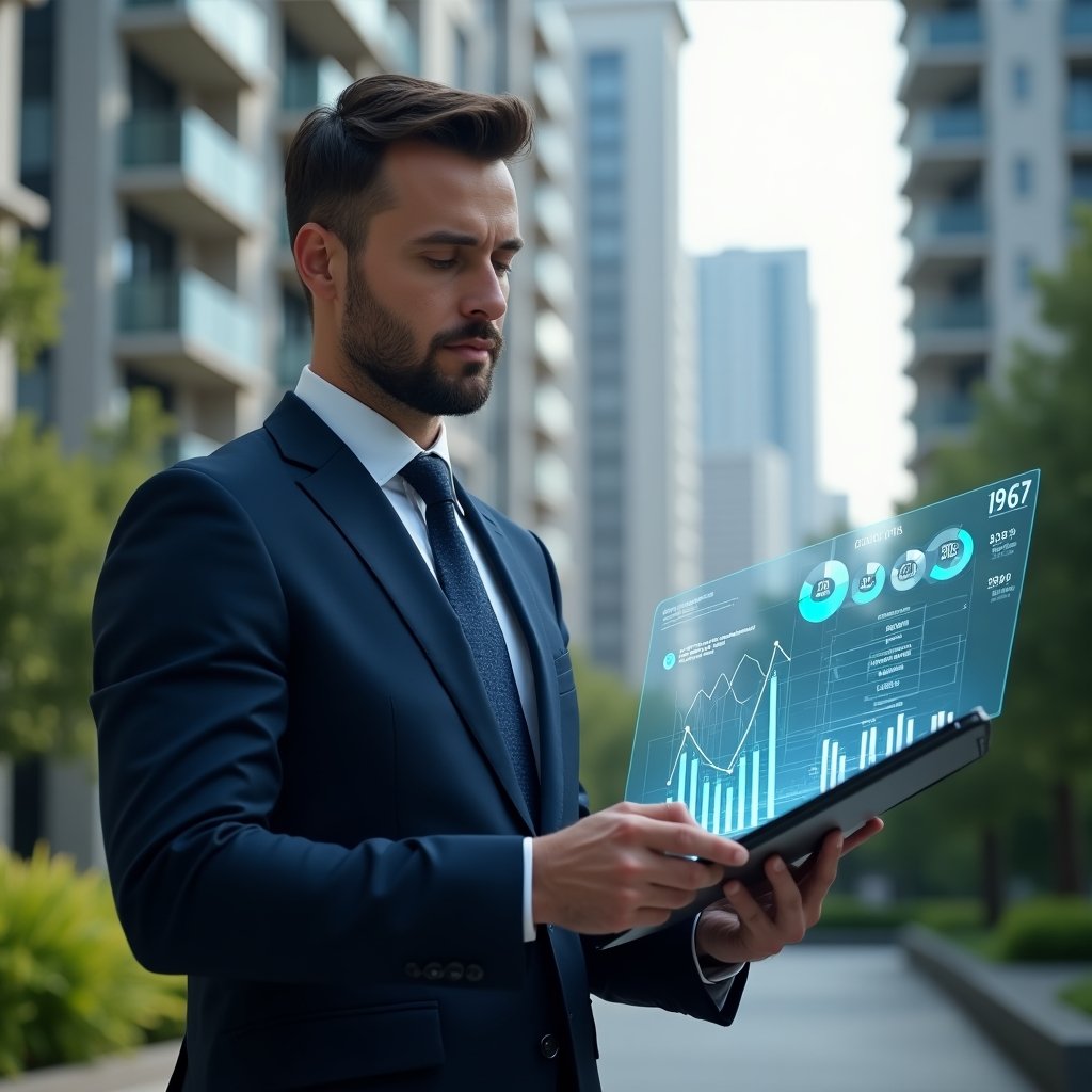 Ultra-realistic condominium manager in a tailored navy blue suit, set in a modern luxury condominium environment with high-rise buildings and lush green landscaping, analyzing a holographic cost-reduction dashboard with pie charts and bar graphs from an intuitive digital interface, confident and focused expression, cinematic lighting, shallow depth of field, highly detailed textures, realistic skin, photographic realism, 8k resolution --ar 1:1 --v 6