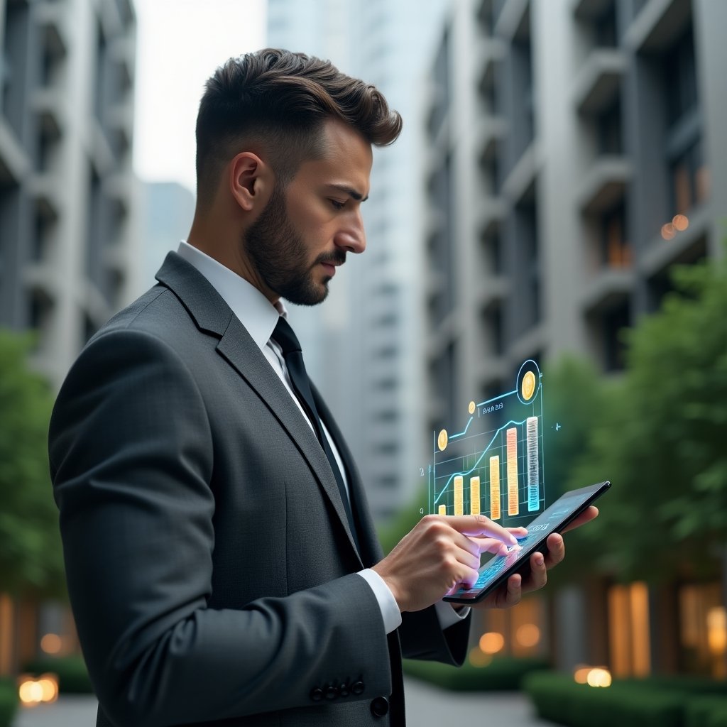 Ultra-realistic condominium manager in a charcoal gray suit, set in a modern luxury condominium environment with high-rise buildings and manicured green landscaping, analyzing a holographic budget chart projected from a sleek tablet with coins and graph icons indicating cost reduction, confident and thoughtful expression, cinematic lighting, shallow depth of field, highly detailed textures, realistic skin, photographic realism, 8k resolution --ar 1:1 --v 6