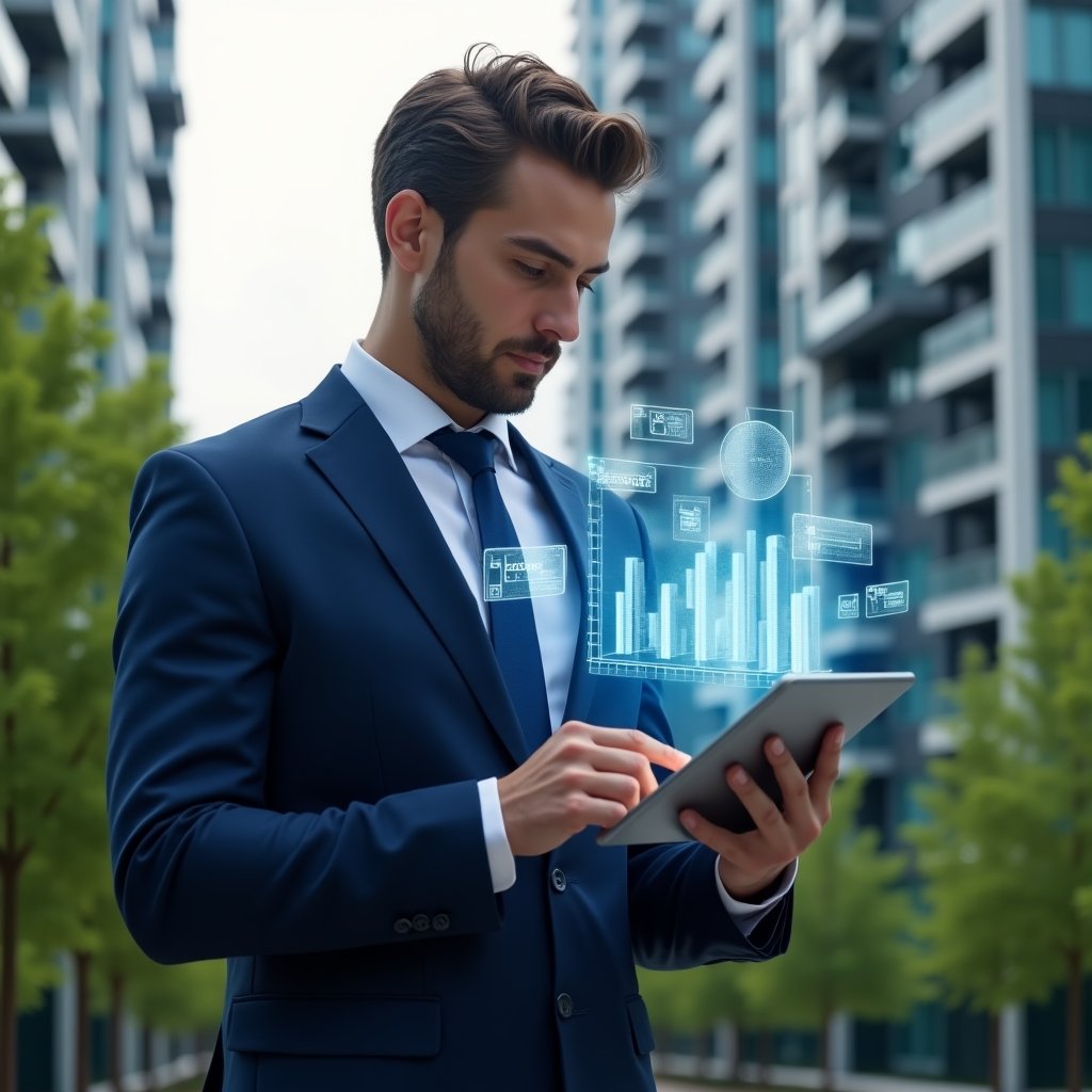 Ultra-realistic property manager in a navy blue business suit, set in a modern luxury condominium environment with high-rise buildings and lush green landscaping, reviewing expense charts on a digital tablet with floating holographic bar graphs and app icons symbolizing a condominium management application, confidently focused, cinematic lighting, shallow depth of field, highly detailed textures, realistic skin, photographic realism, 8k resolution --ar 1:1 --v 6