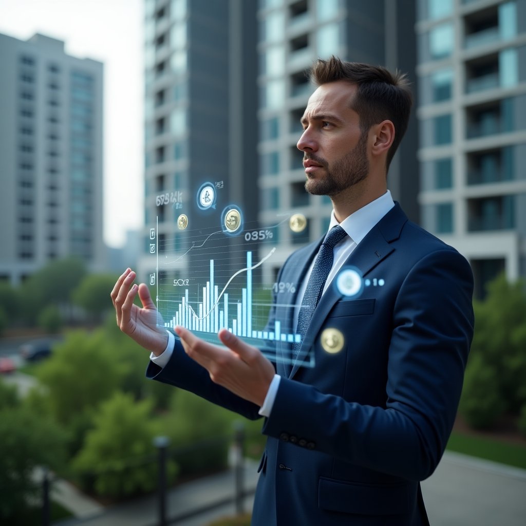 Ultra-realistic condominium manager in a navy blue executive suit, set in a modern luxury condominium environment with high-rise buildings and green landscaping, reviewing a holographic financial dashboard showing a downward cost curve, surrounded by floating icons of coins and bar charts, confident and focused expression, cinematic lighting, shallow depth of field, highly detailed textures, realistic skin, photographic realism, 8k resolution --ar 1:1 --v 6