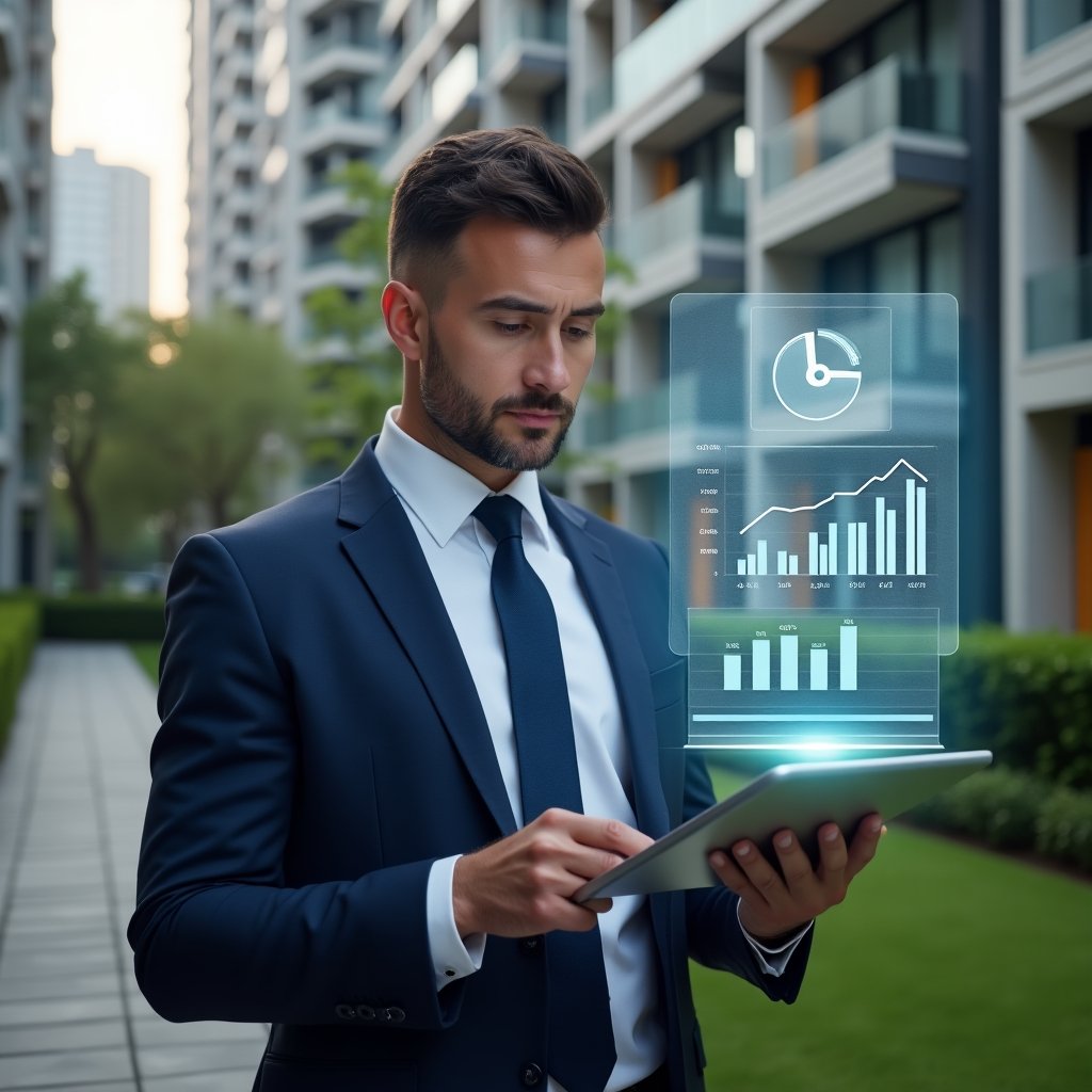 (Ultra-realistic condominium manager in a tailored navy-blue suit, set in a modern luxury condominium environment with high-rise buildings and manicured green landscaping, analyzing a digital tablet with holographic budget charts floating above it, confident and thoughtful expression, cinematic lighting, shallow depth of field, highly detailed textures, realistic skin, photographic realism, 8k resolution --ar 1:1 --v 6)
