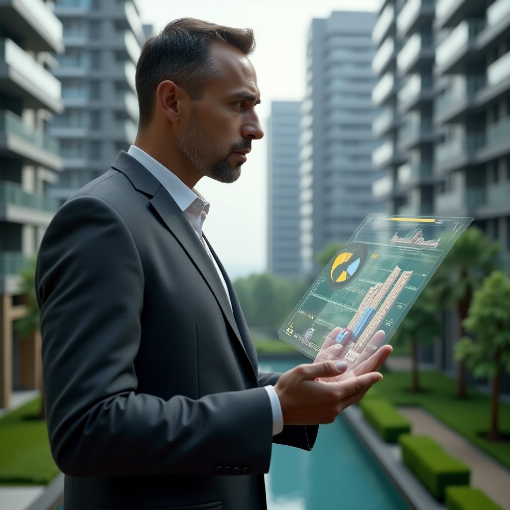 (Ultra-realistic condominium manager in a charcoal gray suit, set in a modern luxury condominium environment with high-rise buildings and well-manicured green landscaping, mid shot of a thoughtful manager analyzing a holographic pie chart of ordinary vs extraordinary expenses, floating money and building icons, cinematic lighting, photographic realism, shallow depth of field, highly detailed textures, realistic skin, 8k resolution --ar 1:1 --v 6)