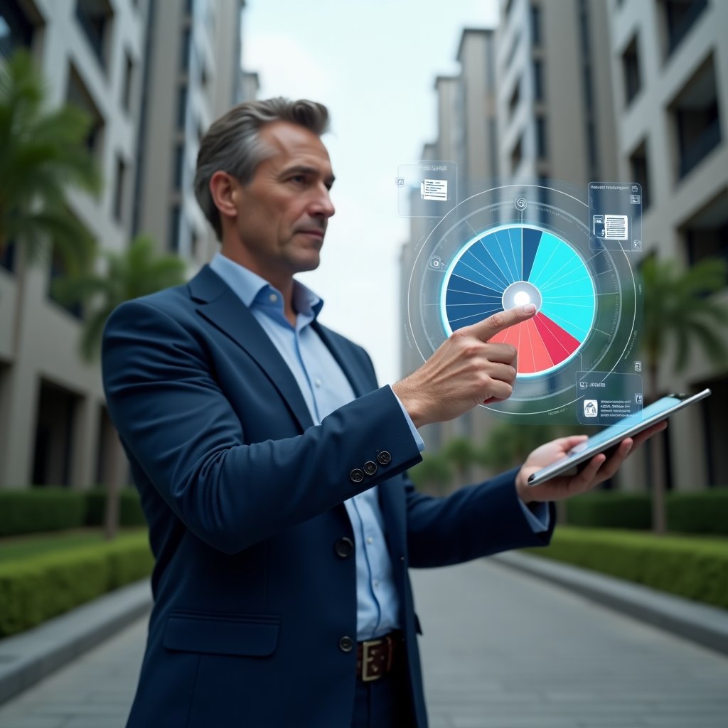 (Ultra-realistic condominium property manager in a navy blue suit, set in a modern luxury condominium environment with high-rise buildings and manicured green landscaping, medium shot of a confident manager holding a tablet and tapping a floating holographic pie chart split into blue and red segments representing ordinary and extraordinary expenses, with icons of coins and documents, cinematic lighting, shallow depth of field, highly detailed textures, realistic skin, photographic realism, 8k resolution --ar 1:1 --v 6)