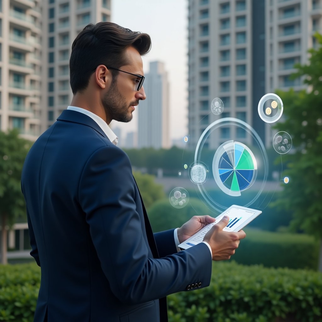 (Ultra-realistic condominium manager in a navy-blue suit, set in a modern luxury condominium environment with high-rise buildings and lush green landscaping, reviewing holographic budget charts projected before them with floating pie charts and coin icons, confident and focused expression, cinematic lighting, shallow depth of field, highly detailed textures, realistic skin, photographic realism, 8k resolution --ar 1:1 --v 6)
