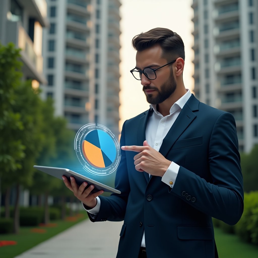 Ultra-realistic condominium manager in a tailored navy suit, set in a modern luxury condominium environment with high-rise buildings and lush green landscaping, holding a tablet displaying a holographic pie chart split into ordinary (blue) vs extraordinary (orange) expenses, pointing thoughtfully at the hologram with a confident, analytical expression, cinematic lighting, shallow depth of field, highly detailed textures, realistic skin, photographic realism, 8k resolution --ar 1:1 --v 6