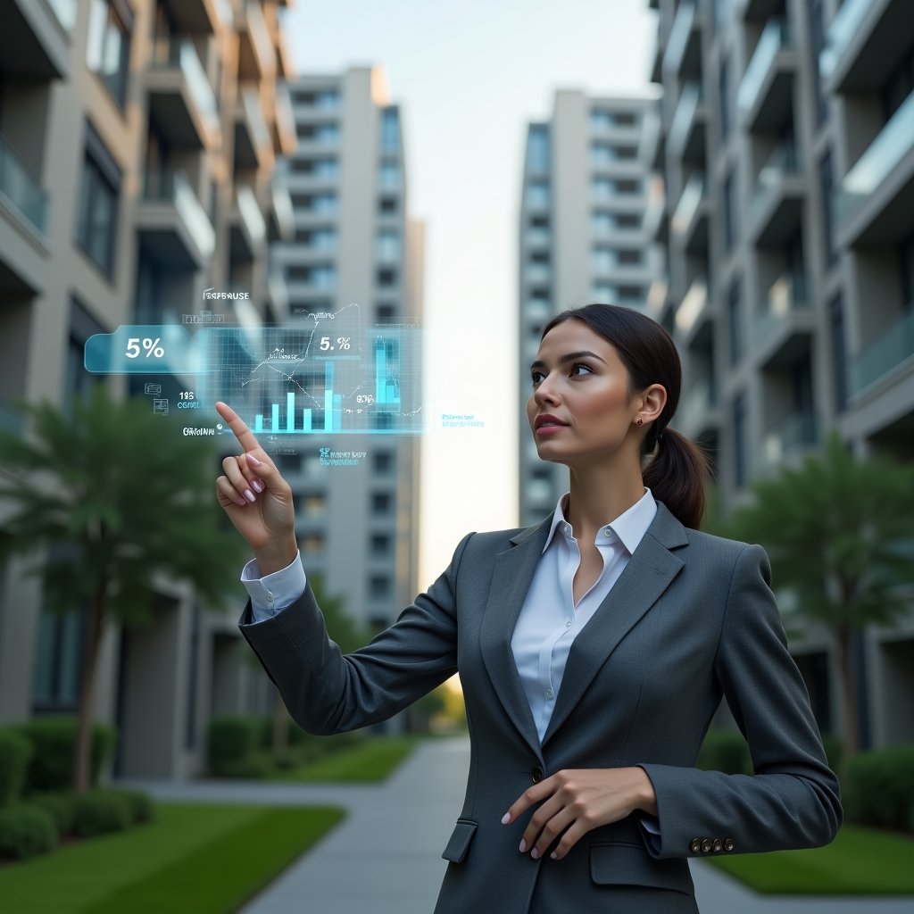 Ultra-realistic condominium manager in a charcoal gray suit, set in a modern luxury condominium environment with high-rise buildings and green landscaping, mid-shot of a confident professional woman pointing at floating holographic expense charts split into ordinary vs extraordinary sections, holographic icons of coins, documents, and percentage symbols representing fair cost allocation, cinematic lighting, shallow depth of field, highly detailed textures, realistic skin, photographic realism, 8k resolution --ar 1:1 --v 6