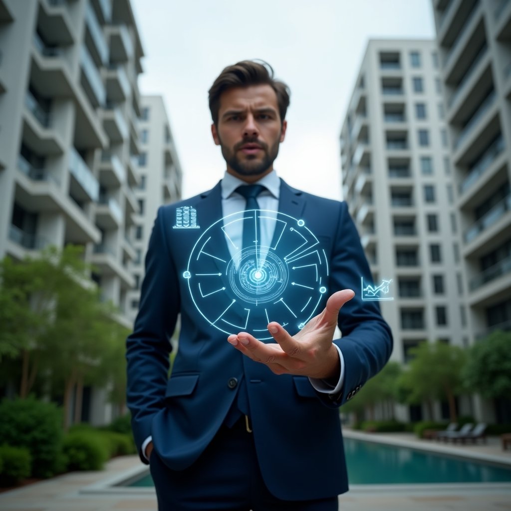 Ultra-realistic condominium manager in a tailored navy blue suit, set in a modern luxury condominium environment with high-rise buildings and lush green landscaping, mid-shot close-up of the manager confidently analyzing a holographic pie chart separating ordinary vs extraordinary expenses, with floating expense icons and digital budget graphs, cinematic lighting, shallow depth of field, highly detailed textures, realistic skin, photographic realism, 8k resolution --ar 1:1 --v 6