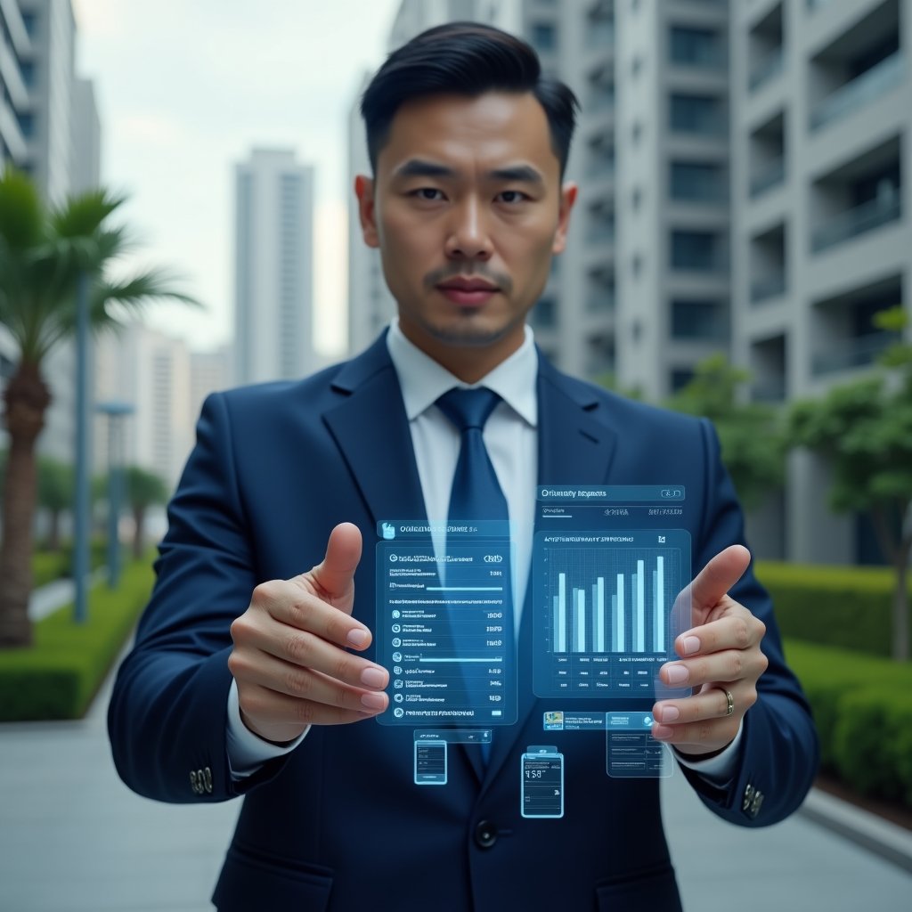 (Ultra-realistic condominium manager in a tailored navy-blue suit, set in a modern luxury condominium environment with high-rise buildings and manicured greenery, medium shot with shallow depth of field, holding holographic 3D financial charts split into “Ordinary Expenses” and “Extraordinary Expenses,” pointing at the charts with a thoughtful yet confident expression, surrounded by floating icons of a smartphone app interface and currency symbols to symbolize transparency and digital solutions, cinematic lighting, highly detailed textures, realistic skin, photographic realism, 8k resolution --ar 1:1 --v 6)