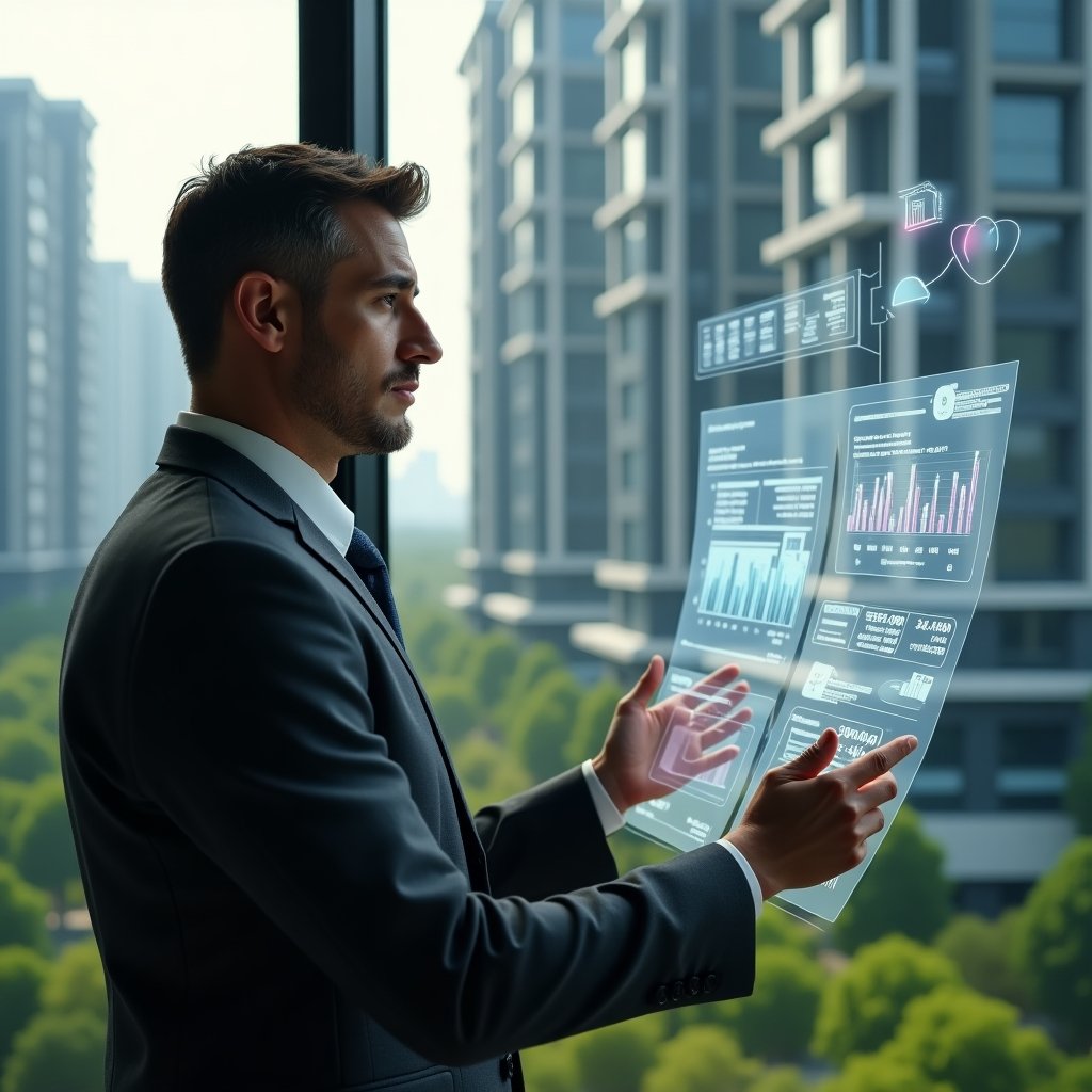 Ultra-realistic condominium manager in a dark gray tailored suit, set in a modern luxury condominium environment with high-rise buildings and manicured green landscaping visible through floor-to-ceiling windows, reviewing transparent holographic budget charts comparing ordinary vs extraordinary expenses with a confident, focused expression, floating icons of currency stacks and ledger documents, cinematic lighting, shallow depth of field, highly detailed textures, realistic skin, photographic realism, 8k resolution --ar 1:1 --v 6