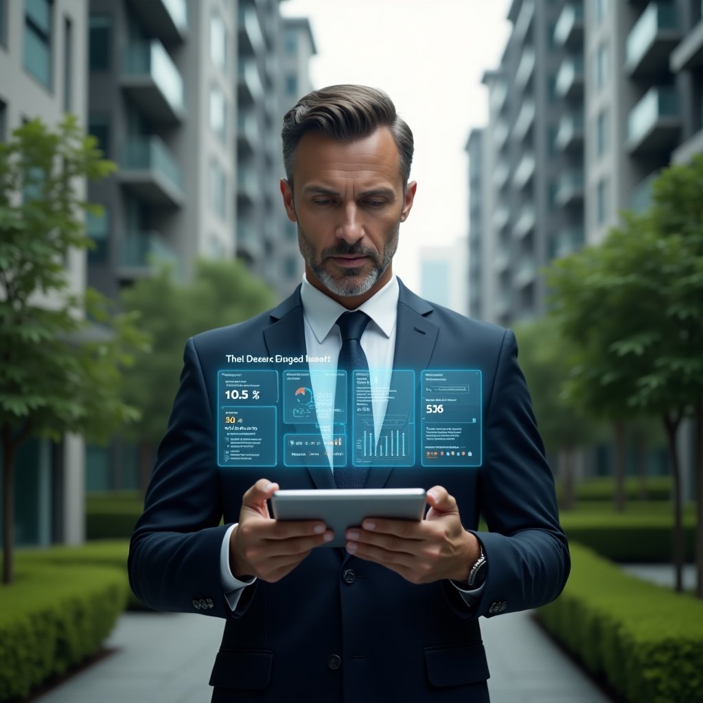 (Ultra-realistic condominium manager in a tailored dark suit, set in a modern luxury condominium environment with high-rise buildings and lush greenery, mid shot of the manager holding a tablet projecting a holographic split-screen of ordinary vs extraordinary expense charts with maintenance and emergency repair icons, confident and focused expression, cinematic lighting, shallow depth of field, highly detailed textures, realistic skin, photographic realism, 8k resolution --ar 1:1 --v 6)