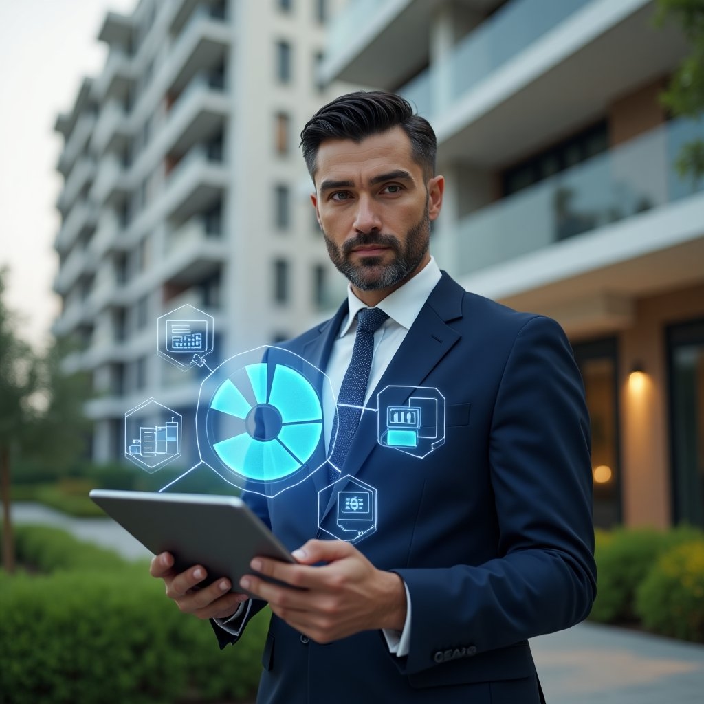 (Ultra-realistic property manager in a navy blue tailored suit, set in a modern luxury condominium environment with high-rise buildings and lush green landscaping, medium shot, holding a tablet displaying holographic pie charts split into ordinary vs extraordinary expenses, confident and analytical expression, floating 3D expense icons (calculator, coins, documents) around the character, cinematic lighting, shallow depth of field, highly detailed textures, realistic skin, photographic realism, 8k resolution --ar 1:1 --v 6)