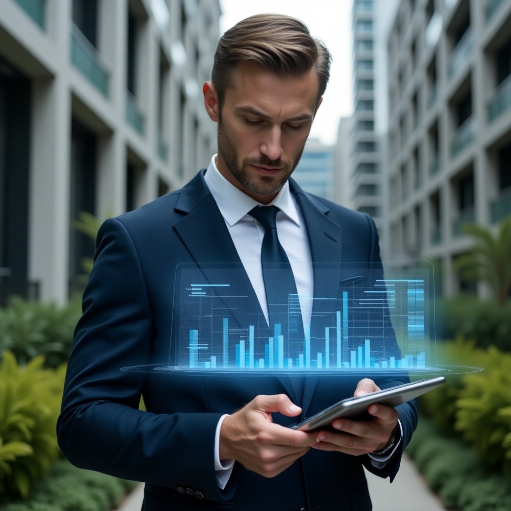Ultra-realistic property manager in a navy suit, set in a modern luxury condominium environment with high-rise buildings and green landscaping, examining a holographic split-screen chart illustrating ordinary vs extraordinary expenses on a tablet, a floating holographic smartphone interface showing a condominium management app, confident and analytical expression, cinematic lighting, shallow depth of field, highly detailed textures, realistic skin, photographic realism, 8k resolution --ar 1:1 --v 6