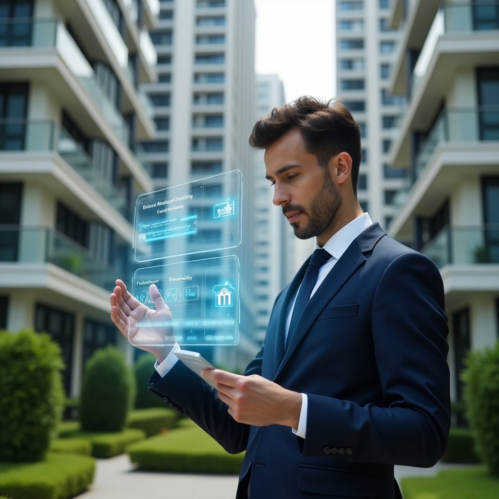 Ultra-realistic condominium manager in a navy tailored suit, set in a modern luxury condominium environment with high-rise buildings and well-manicured green landscaping, medium close-up of a thoughtful professional examining a holographic financial dashboard that splits “ordinary” vs “extraordinary” expense categories, hovering icons of water bills and maintenance tools on one side and an emergency repair warning sign on the other, cinematic lighting, shallow depth of field, highly detailed textures, realistic skin, photographic realism, 8k resolution --ar 1:1 --v 6