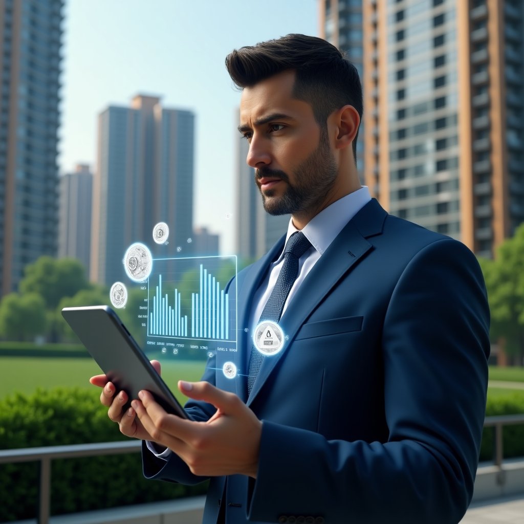 (Ultra-realistic condominium property manager in a navy blue suit, set in a modern luxury condominium environment with high-rise buildings and green landscaping, reviewing a digital tablet with holographic charts comparing ordinary and extraordinary expenses, holographic icons of stacked coins and warning symbols floating around, thoughtful expression, cinematic lighting, shallow depth of field, highly detailed textures, realistic skin, photographic realism, 8k resolution --ar 1:1 --v 6)