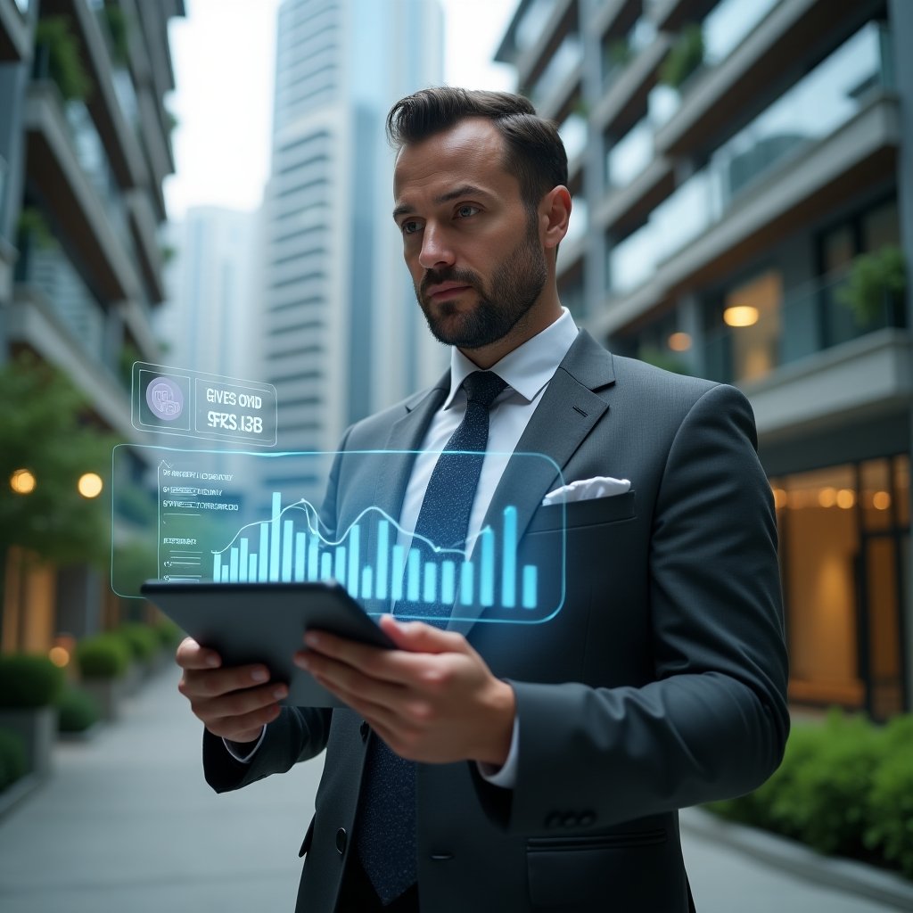 (Ultra-realistic condo manager in a dark gray executive suit, set in a modern luxury condominium environment with high-rise buildings and green landscaping, holding a tablet displaying holographic budget graphs contrasting ordinary and extraordinary expenses, analyzing data with a thoughtful and confident expression, futuristic holographic icons of coins and repair tools floating around, cinematic lighting, shallow depth of field, highly detailed textures, realistic skin, photographic realism, 8k resolution --ar 1:1 --v 6)