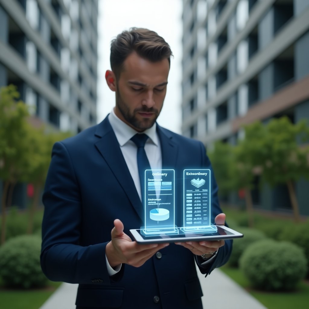 (Ultra-realistic condominium manager in a tailored navy blue suit, set in a modern luxury condominium environment with high-rise buildings and manicured green landscaping, mid-shot of a focused professional holding a digital tablet comparing two holographic columns labeled “Ordinary” and “Extraordinary” expenses, floating budget icons and a translucent pie chart hovering between hands, cinematic lighting, shallow depth of field, highly detailed textures, realistic skin, photographic realism, 8k resolution --ar 1:1 --v 6)