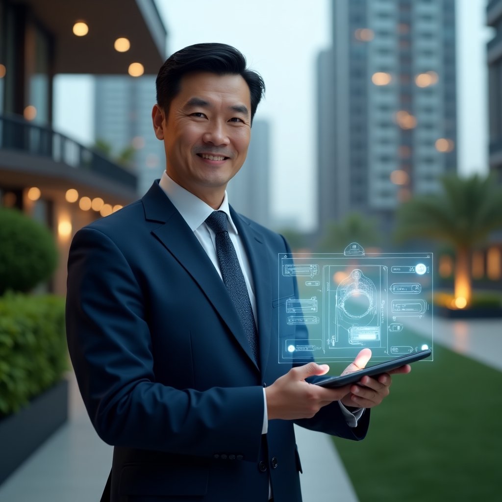 (Ultra-realistic condominium manager in a navy blue executive suit, set in a modern luxury condominium environment with high-rise buildings and lush green landscaping, holding a transparent tablet projecting a holographic dashboard with icons for reservations, messaging and security, confident expression, cinematic lighting, shallow depth of field, highly detailed textures, realistic skin, photographic realism, 8k resolution --ar 1:1 --v 6)