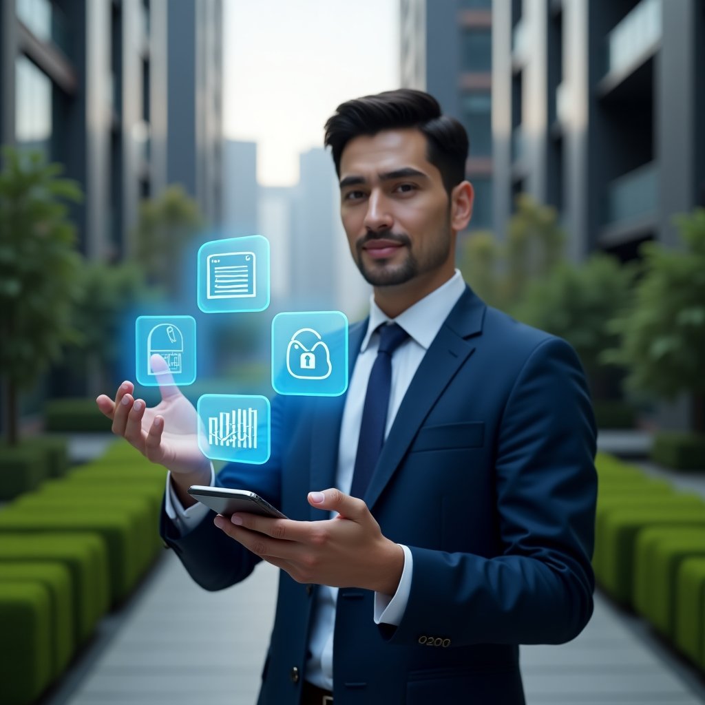 Ultra-realistic condominium manager in a navy blue suit, set in a modern luxury condominium environment with high-rise buildings and lush green landscaping, confidently interacting with a floating holographic app interface displaying chat bubbles, calendar, security lock, financial chart and document icons, cinematic lighting, shallow depth of field, highly detailed textures, realistic skin, photographic realism, 8k resolution --ar 1:1 --v 6