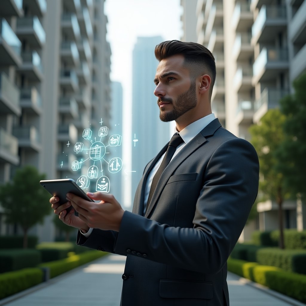 (Ultra-realistic condominium manager in a charcoal gray business suit, set in a modern luxury condominium environment with high-rise buildings and manicured green landscaping, confident pose holding a digital tablet projecting holographic icons representing ten commandments, inspiring and focused expression, cinematic lighting, shallow depth of field, highly detailed textures, realistic skin, photographic realism, 8k resolution --ar 1:1 --v 6)