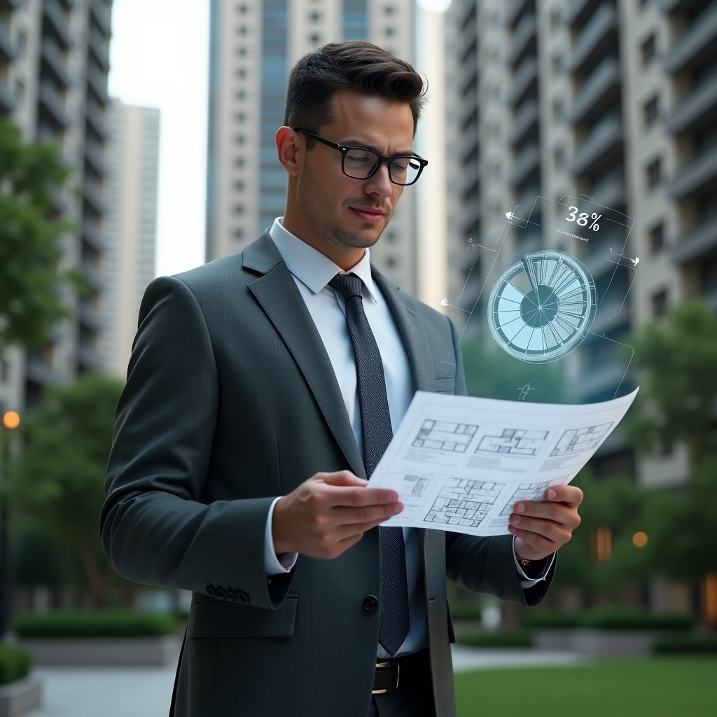 Ultra-realistic condominium manager in a charcoal gray suit, set in a modern luxury condominium environment with high-rise buildings and lush green landscaping, holding a holographic blueprint with highlighted floor plans and floating percentage pie chart symbolizing fraction ideal calculation, confident and thoughtful expression, cinematic lighting, shallow depth of field, highly detailed textures, realistic skin, photographic realism, 8k resolution --ar 1:1 --v 6