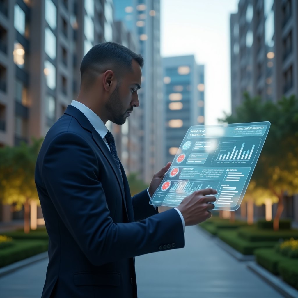 Ultra-realistic condominium manager in a tailored navy blue suit, set in a modern luxury condominium environment with high-rise glass buildings and manicured green landscaping, medium shot of a focused manager examining a transparent holographic dashboard displaying a checklist with red error icons and budget charts, cinematic lighting, shallow depth of field, highly detailed textures, realistic skin, photographic realism, 8k resolution --ar 1:1 --v 6