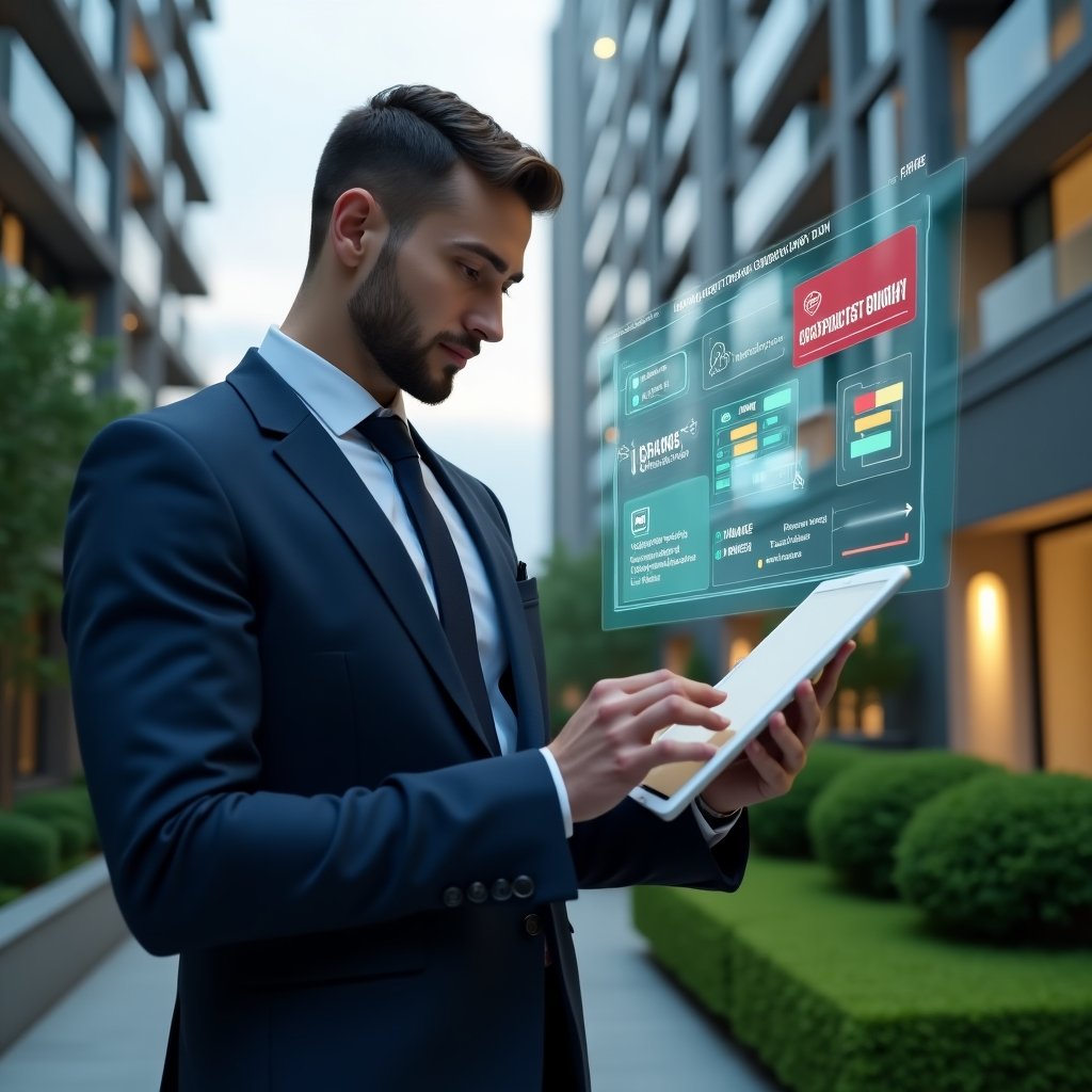 Ultra-realistic professional condominium manager in a navy blue tailored suit, set in a modern luxury condominium environment with high-rise buildings and meticulously manicured green landscaping, medium shot of a confident manager reviewing a digital tablet projecting a holographic dashboard with icons for communication, finance, and security, holographic checklist transitioning from red warning signs to green confirmations, cinematic lighting, shallow depth of field, highly detailed textures, realistic skin, photographic realism, 8k resolution --ar 1:1 --v 6