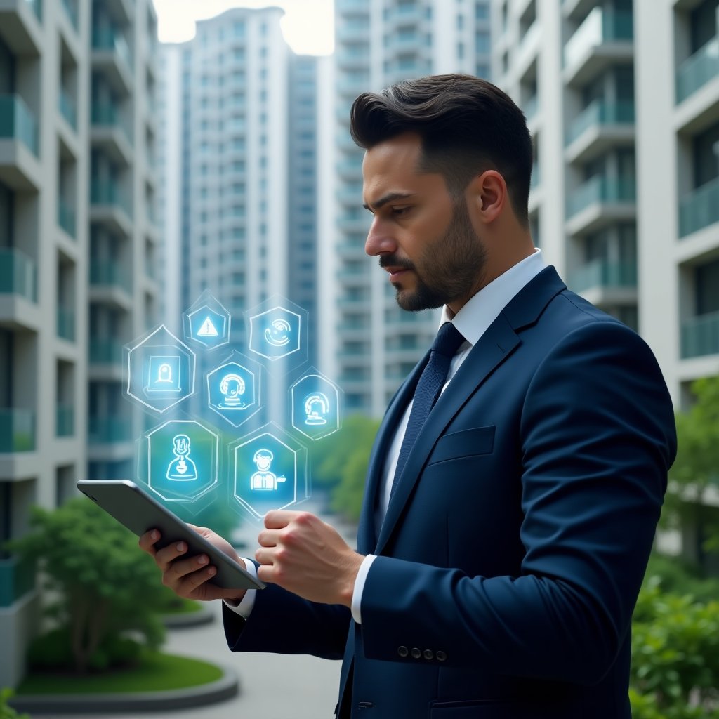 (Ultra-realistic condominium manager in a navy blue suit, set in a modern luxury condominium environment with high-rise buildings and green landscaping, reviewing a holographic dashboard of management tasks and warning icons on a transparent tablet, confident and focused expression, floating alert symbols symbolizing communication, finance, maintenance and training, cinematic lighting, shallow depth of field, highly detailed textures, realistic skin, photographic realism, 8k resolution --ar 1:1 --v 6)