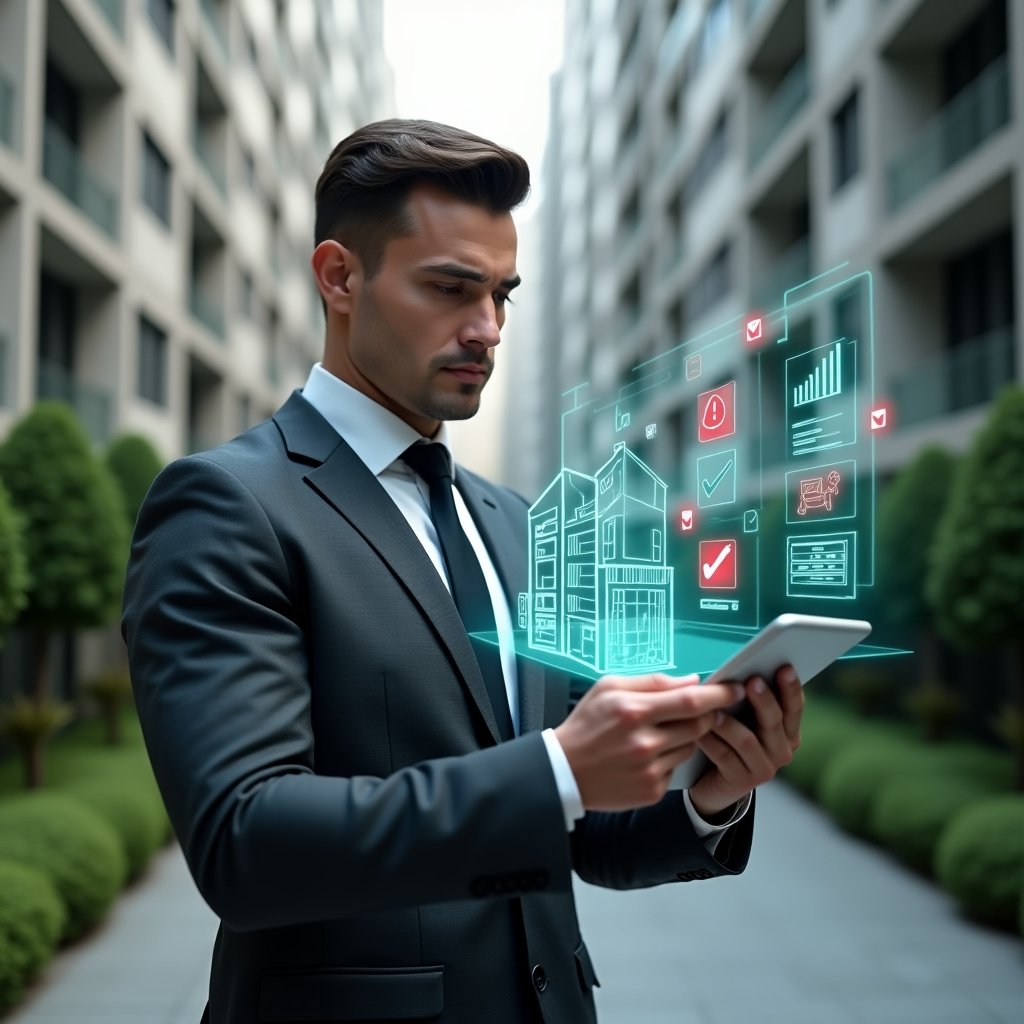 (Ultra-realistic condominium manager in a charcoal gray suit, set in a modern luxury condominium environment with high-rise buildings and manicured green landscaping, medium close-up of a confident professional analyzing a holographic checklist with red warning symbols and green check marks projected from a digital tablet, floating building holograms and warning icons around, serious yet focused expression, cinematic lighting, shallow depth of field, highly detailed textures, realistic skin, photographic realism, 8k resolution --ar 1:1 --v 6)