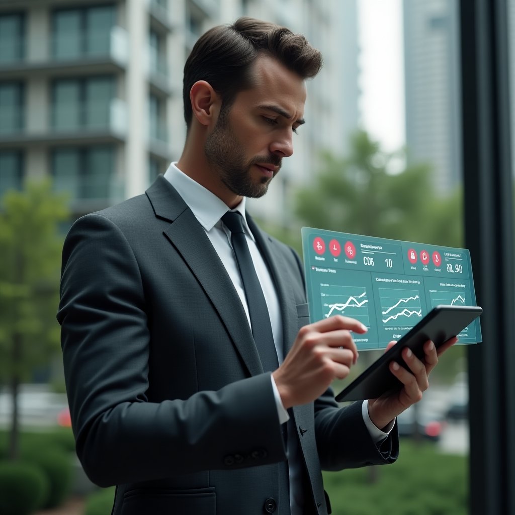 (Ultra-realistic condominium manager in a charcoal gray executive suit, set in a modern luxury condominium environment with high-rise buildings and pristine green landscaping, close-up shot as the manager reviews holographic financial charts with red warning icons and budget forecasts on a tablet, conveying seriousness and analytical focus, cinematic lighting, shallow depth of field, highly detailed textures, realistic skin, photographic realism, 8k resolution --ar 1:1 --v 6)