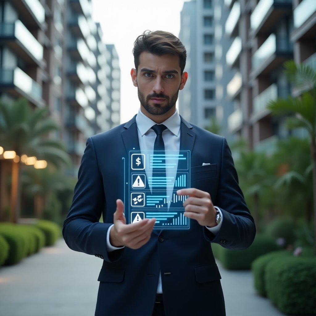 (Ultra-realistic condominium manager in a dark blue tailored suit, set in a modern luxury condominium environment with high-rise buildings and green landscaping, mid shot with a confident expression, analyzing a holographic checklist displaying warning symbols, financial charts and chat icons, cinematic lighting, shallow depth of field, highly detailed textures, realistic skin, photographic realism, 8k resolution --ar 1:1 --v 6)