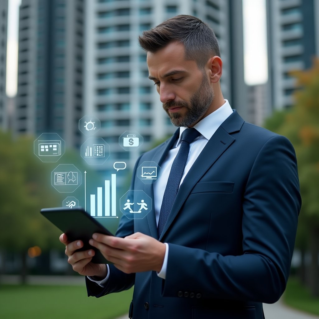 Ultra-realistic condominium manager in a tailored dark blue suit, set in a modern luxury condominium environment with high-rise buildings and green landscaping, reviewing financial charts on a transparent tablet display while surrounded by floating holographic icons of budgets, communication bubbles, maintenance tools and reservation calendars, confident and focused expression, cinematic lighting, shallow depth of field, highly detailed textures, realistic skin, photographic realism, 8k resolution --ar 1:1 --v 6