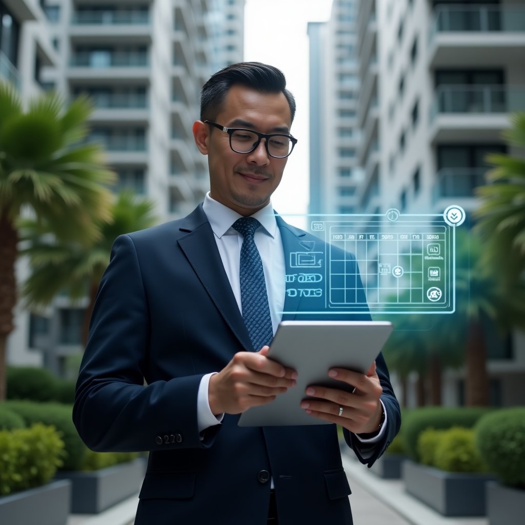 (Ultra-realistic condominium manager in a dark navy suit, set in a modern luxury condominium environment with high-rise buildings and green landscaping, holding a digital tablet and confidently analyzing a holographic calendar interface with checklist icons, holographic schedule elements floating around, cinematic lighting, shallow depth of field, highly detailed textures, realistic skin, photographic realism, 8k resolution --ar 1:1 --v 6)